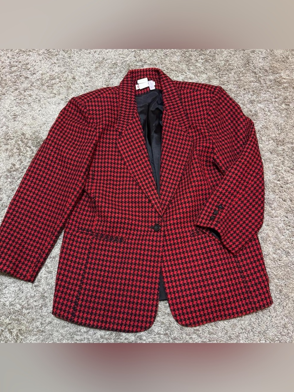 Vintage White Stag Red Black Houndstooth Wool Blend Blazer Size 14